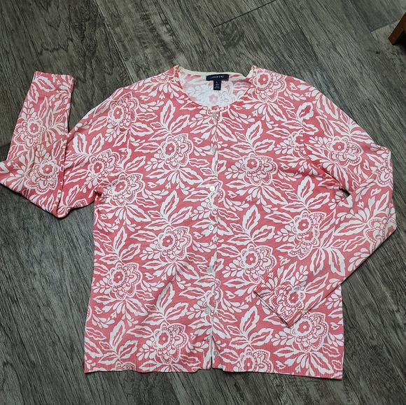 Lands End peachy color floral button front cardigan sweater Size L - Picture 2 of 12